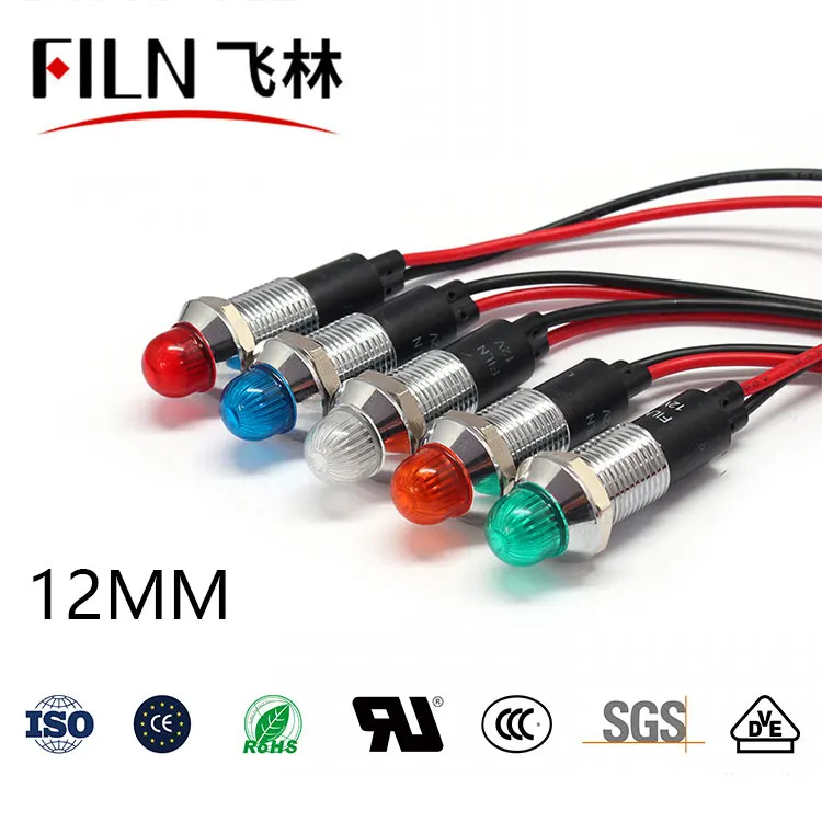 

FILN Metal red green blue yellow white 12v 12mm high quality led indicator light with wire