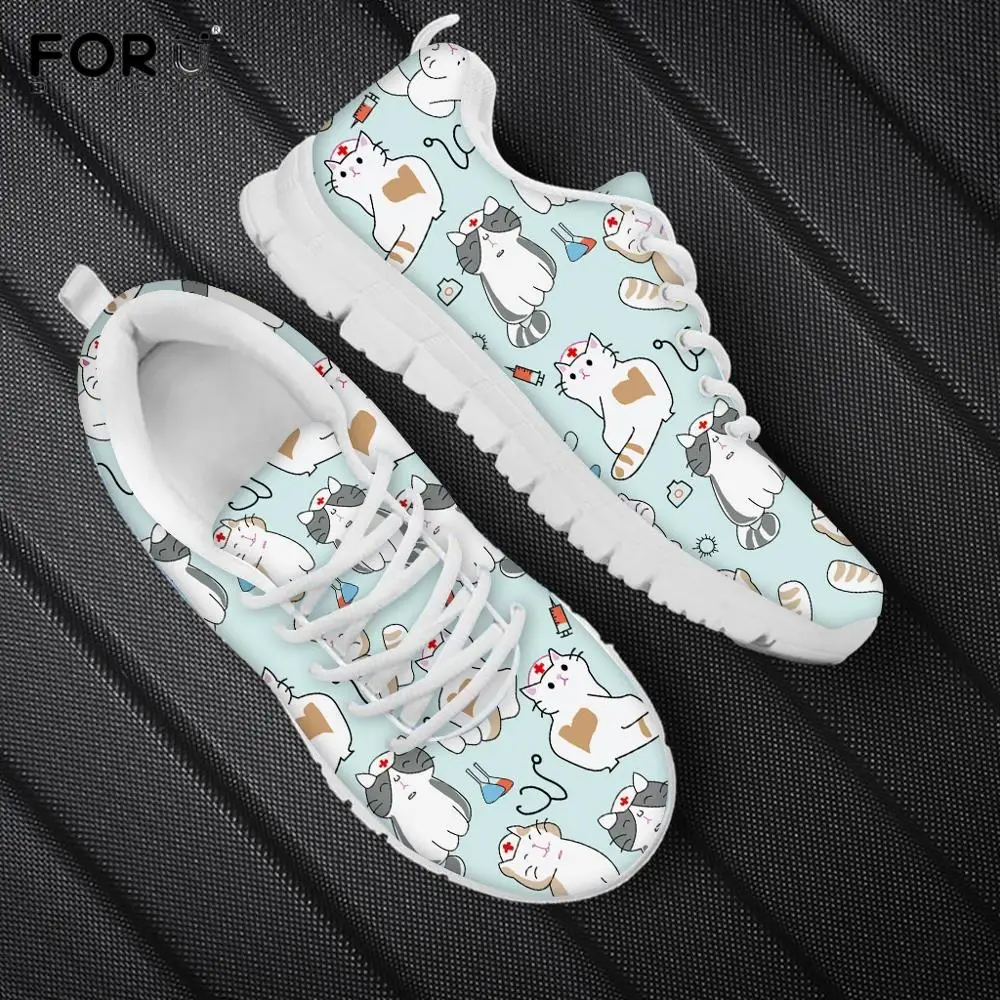 FORUDESIGNS Cute Cartoon Nurse Cat/Kitten Print Flats Sneakers Women Nursing Gifts for Girl Casual Spring Air Mesh Ladies Shoes