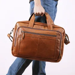 Grande bolsa de couro genuíno masculino 15.6 