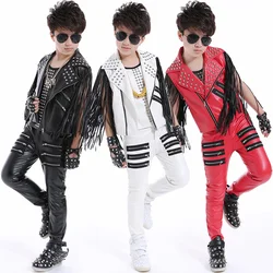 Kids Hip Hop Clothing Fringe Jacket Leather Pants Jazz Drum Performance Costume White/Black/Red Stage Clothes Rave Wear DNV14089