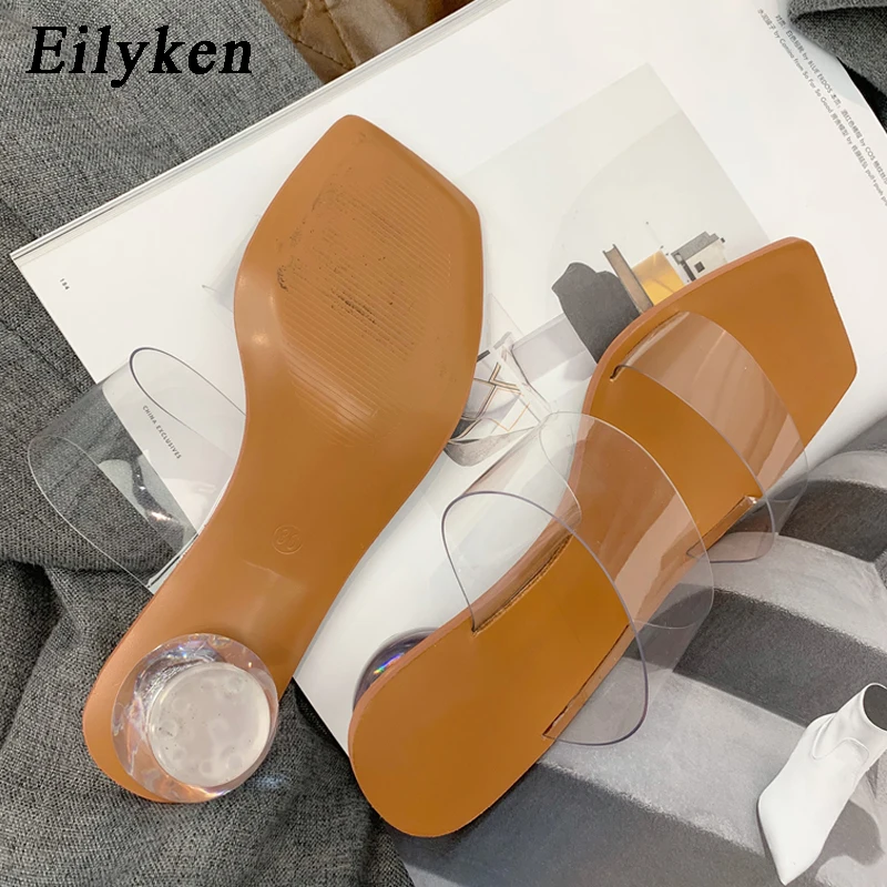 Eilyken Summer PVC Transparent Women Slipper Designer Crystal Heels Beach Sandals Square Toe Slides Shoes Large Size  43