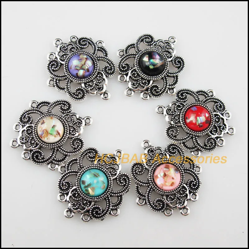 6 New Round Flower Resin Connectors Shivering Mixed Charms Tibetan Silver 27.5x31.5mm