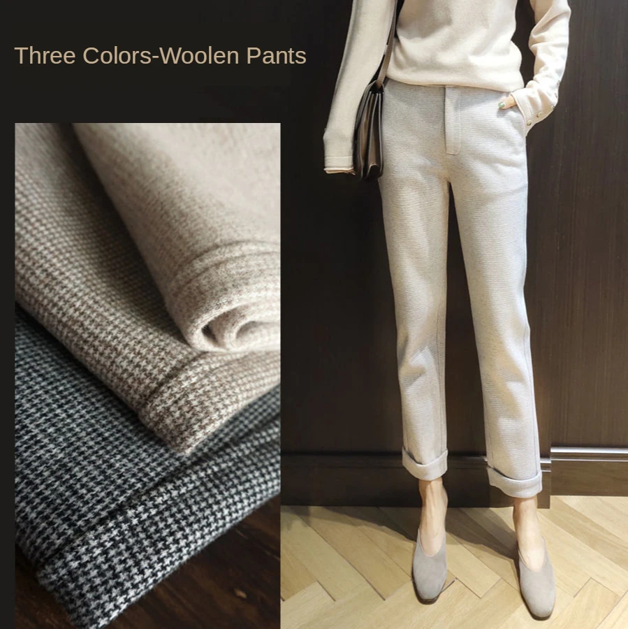 Plaid Woolen Pants Women's Autumn Winter Cropped Trousers High Waist Simple Commuter Flanging Harem Pants Women Bottoms Pants