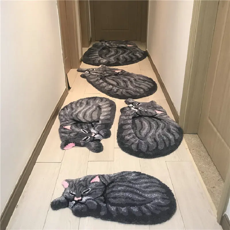 Anti-Slip Plush Hand-Woven Carpet, Cute Cat Shape Rug, Carpet Mat, Living Room, Bathroom, Doormat, Gray, Brown, Cats Fl