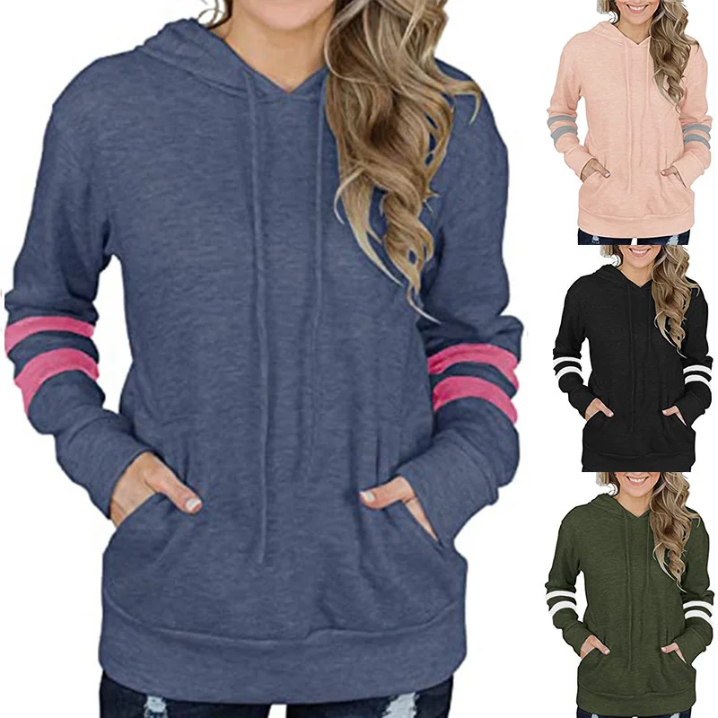 

New Autumn Winter Women Striped Loose Pocket Hoodie Sweatshirt Female Sweater Pullovers Sweatshirts Hoodies Woman Sports Suits