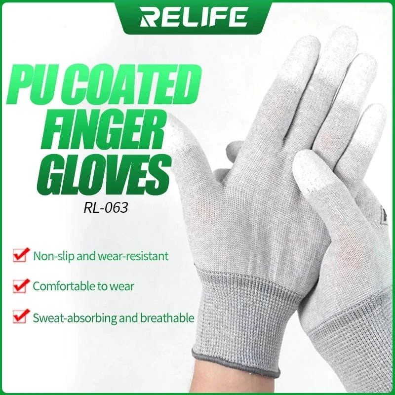 

10Pairs RELIFE RL-063 Non-Slip Gloves Anti-Static ESD Working Gloves PU Coated Finger Protection For Laptop Phone Repair Tools