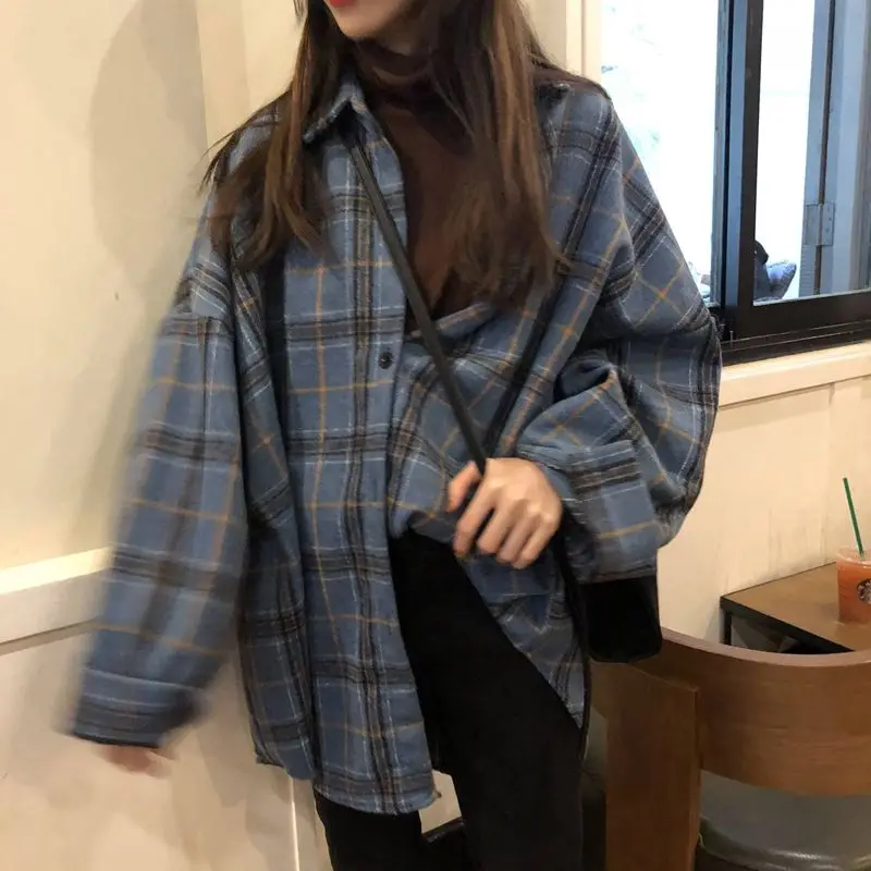 Female Spring  Autumn Oversized  Tunic  Shirt for Women Street Blouse  Vintage Plaid Flannel  Casual Korean Tops