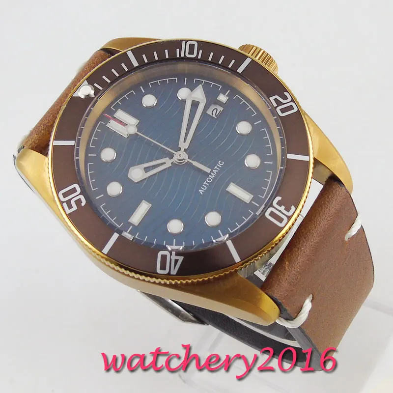 Classic 41mm Bronze Plated Men's Watch Miyota 8215 Auto Date Blue Dial Wave Pattern Sapphire Glass