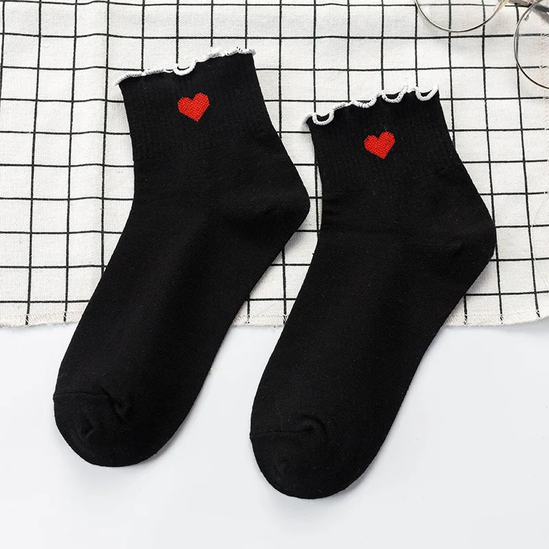 Women Cotton Socks Red Heart Polka Dot Socks White Cute Black Ruffle Short Socks Casual Girls Socks Ladies Socks For Girls Sock