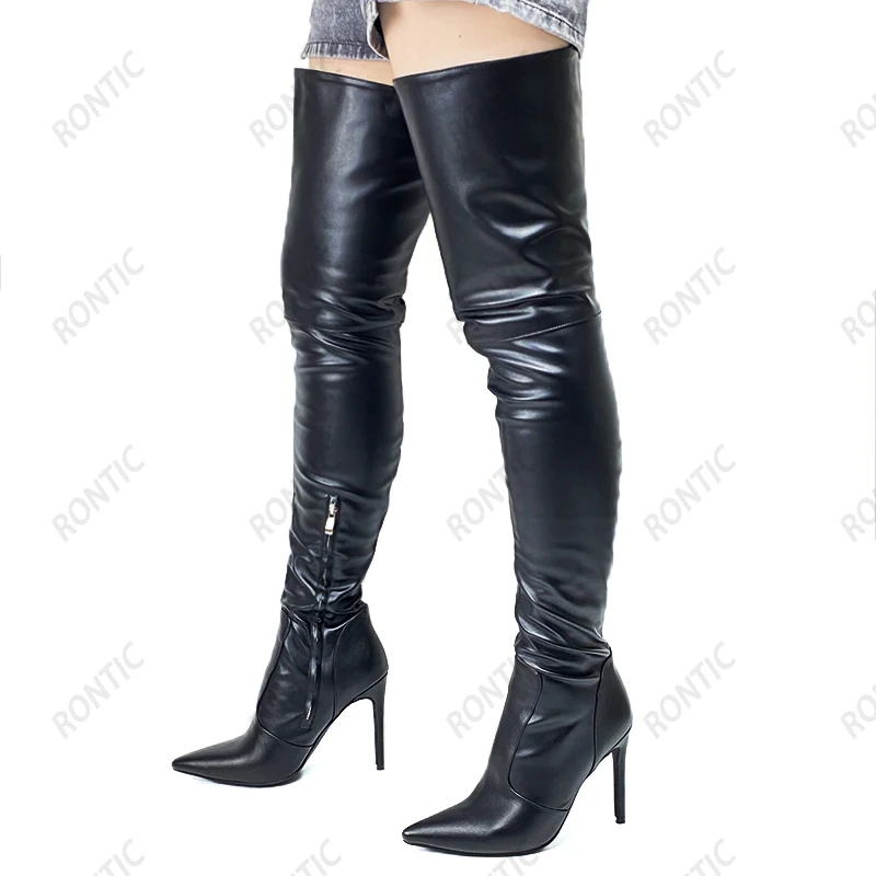 Rontic Handmade Women Winter Thigh Boots Faux Leather Zipper Stiletto Heels Pointed Toe Elegant Black Party Shoes US Size 5-15