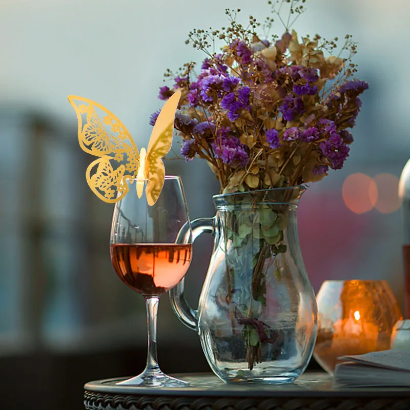 Laser Cut Butterfly Paper Place Card, Wine Glass Cup Cartões de Nome, Wedding Party Home Decoração, Ouro e Prata, 7, 50Pcs
