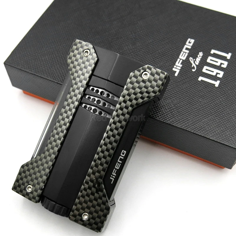 JIFENG Brand New Windproof Carbon Fiber Torch Adjustable Cigar Lighters Jet Flame Cigar Cigarette Lighter With Gift Box