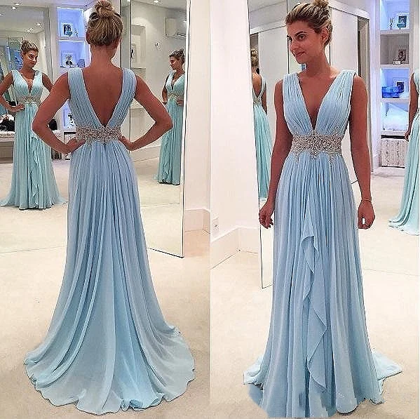 Blue 2020 Prom Dresses A-line Deep V-neck Chiffon Beaded Party Maxys Plus Size Long Prom Gown Evening Dresses