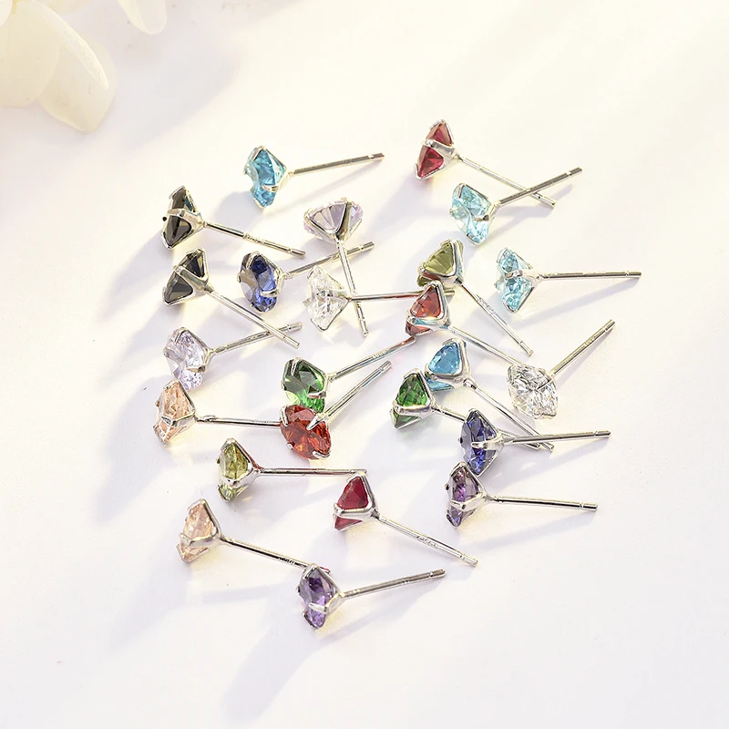 LESF 925 Sterling Silver Stud Earrings For Women Classic Four Prong Colored Jewels Earring Wedding Engagement Bridal Jewelry