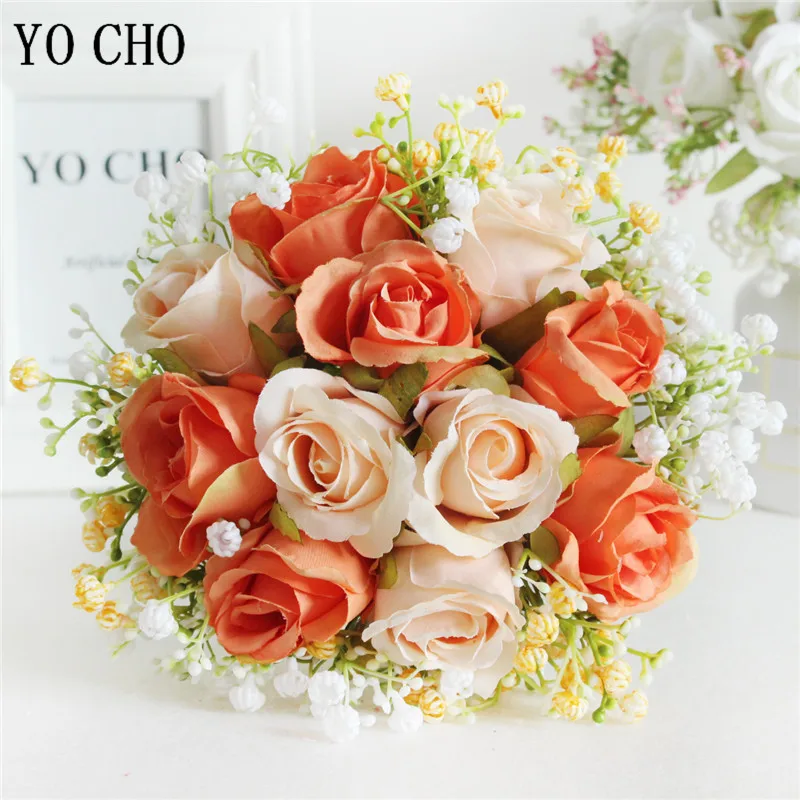 YO CHO Bouquet Bride Wedding Flower Bouquet Artificial Silk Rose Fake Babys Breath Pink Bridesmaid Hold Flower Wedding Supplies