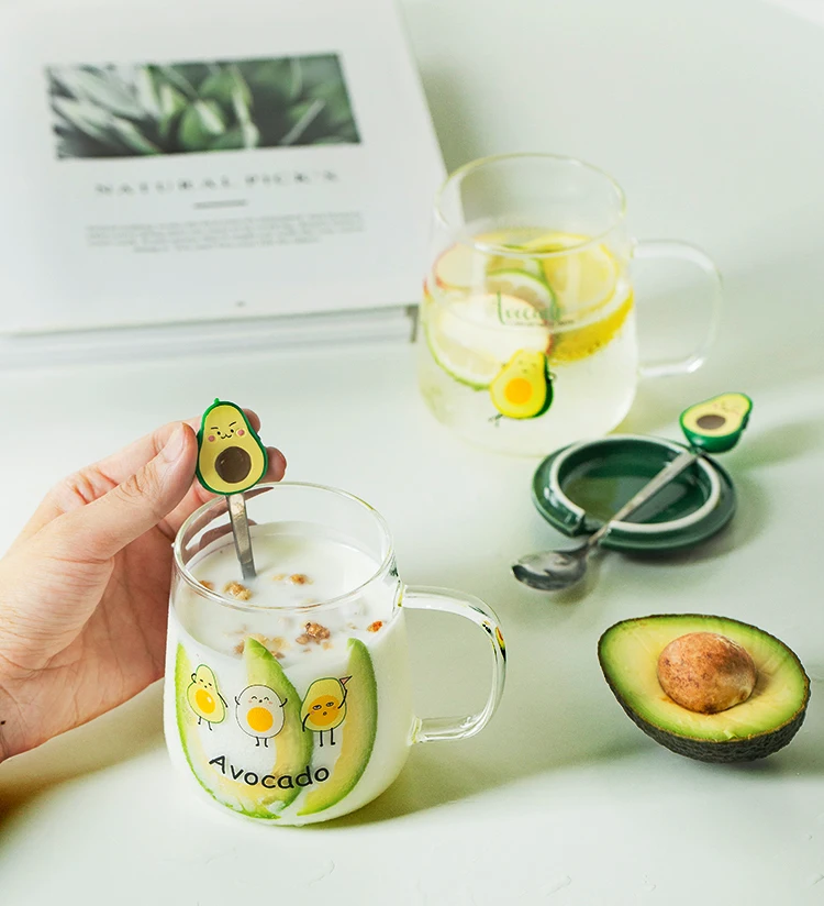 The New Avocado Green Glass Cup Creative Mark Cup Transparent Covered Spoon Handle Tea Heat-resistant Household Milk Cup