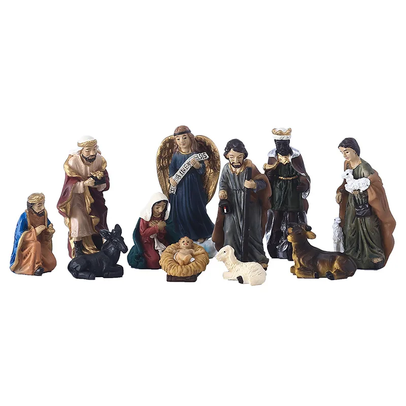 11Pcs/set Christmas Manger Combination Resin Crafts Small Ornaments Nativity Religious Sculpture Decoration