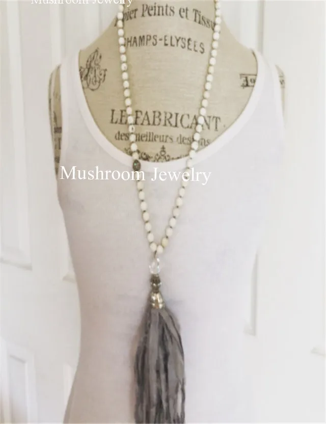 

BoHo Turquoise Beads Sari Silk Tassel Necklace Neutral Stone Unique accessory Beads Necklace
