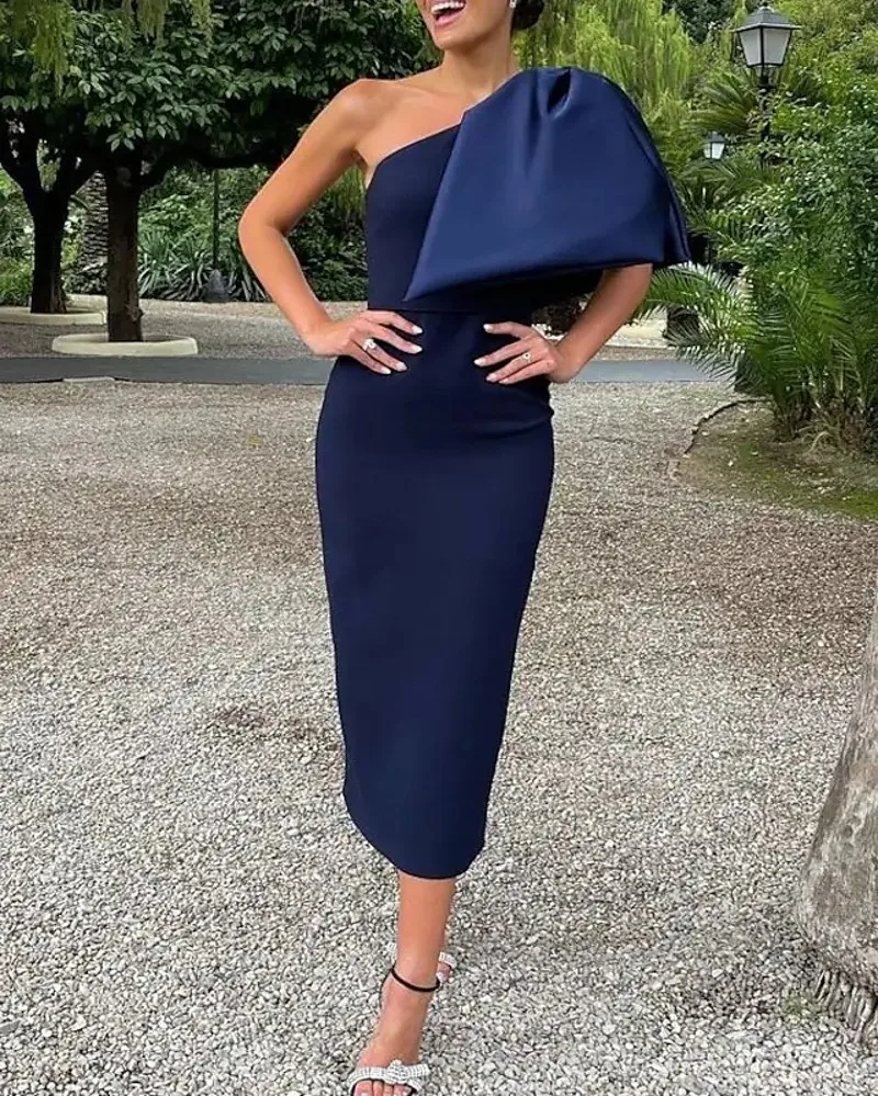 

Elegant Dark Navy Sheath Prom Dress With Bow One Shoulder Sleeveless Tea Length Evenign Party Gown Vestidos Robe De Soriee