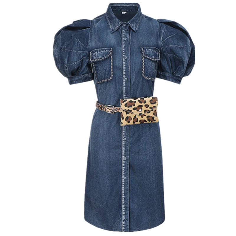 

Women Denim Dress 2021 summer Puff Sleeve preppy style Retro Slim A-line Dress Casual Dress