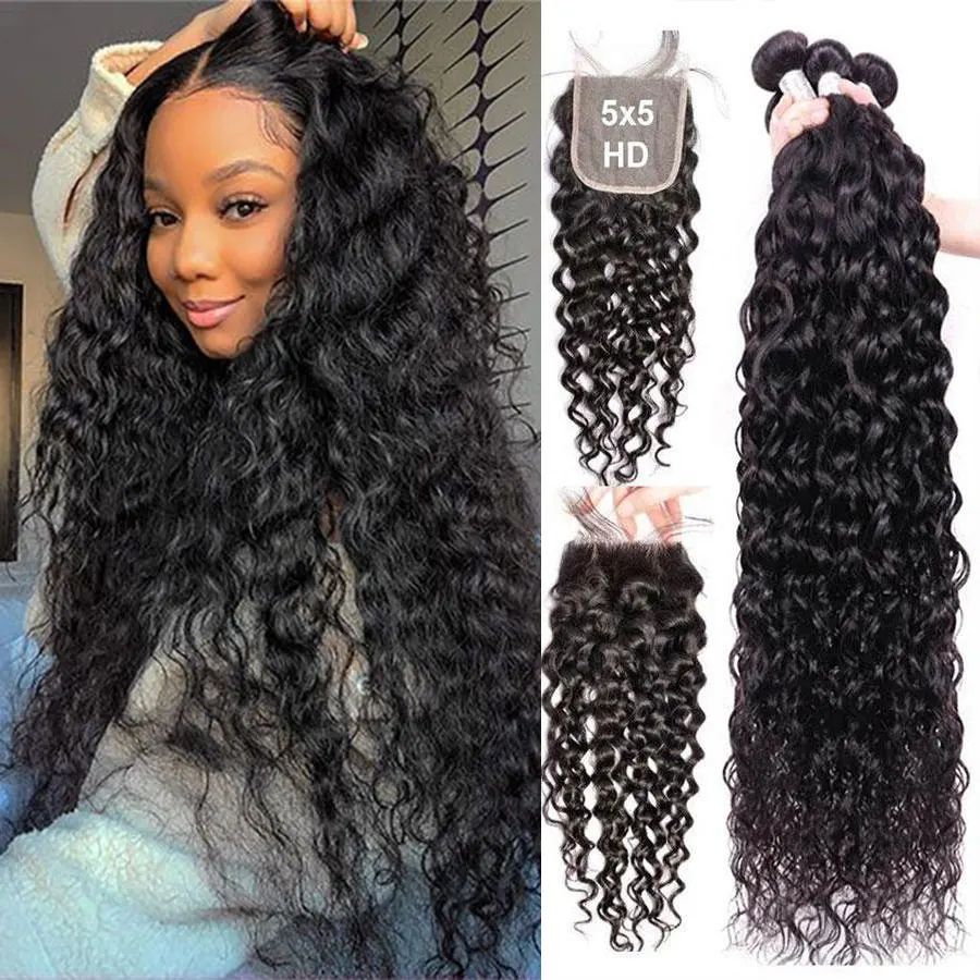 

28 30 32 34 Inch Water Wave Bundles with Closure 6x6 Closure and Bundles Remy Human Hair Weaves Water Curly 4x4 5X5 Lace Closure