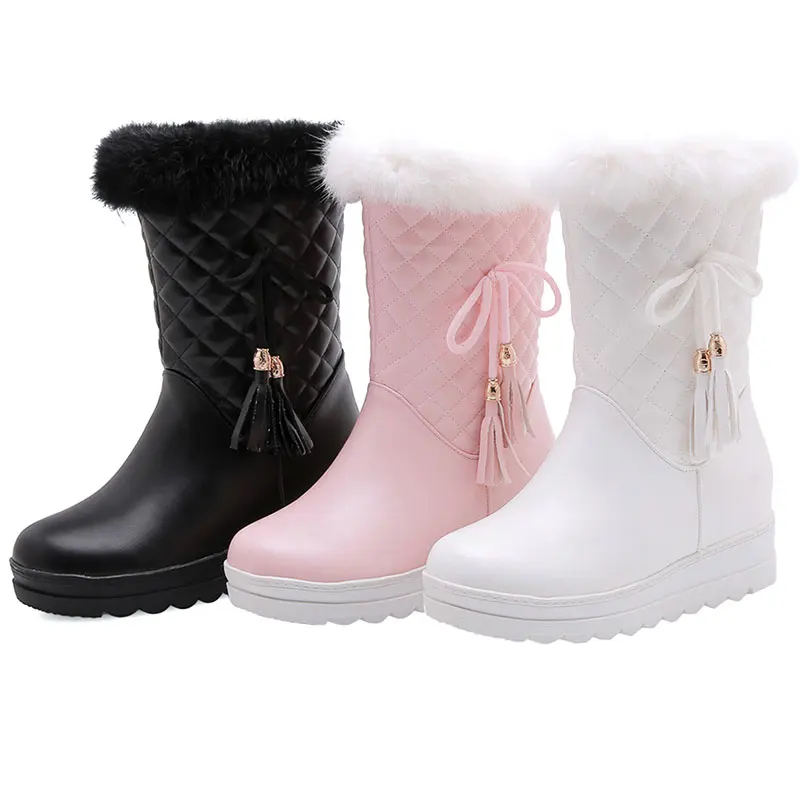 Lasyarrow Snow Boots Mid Calf Boots Women Winter Platform Wedge Heel Boots Plush Warm Ladies Bowtie Shoes Pink White Black