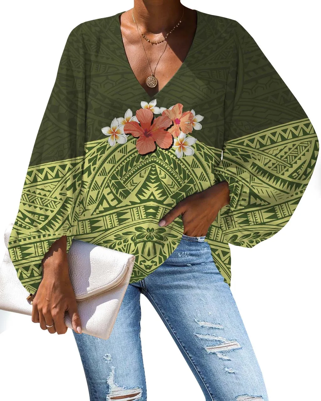

Cheap Polyester Fabric Chiffon Tops Shirt Print Polynesian Tahiti Style Ladies' Casual Loose s Casual Women