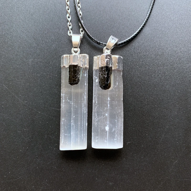 Natural Selenite Crystal Tourmaline Pendant White Selenite Stone Black Tourmaline Point Necklace Decoration 1pc Dropship