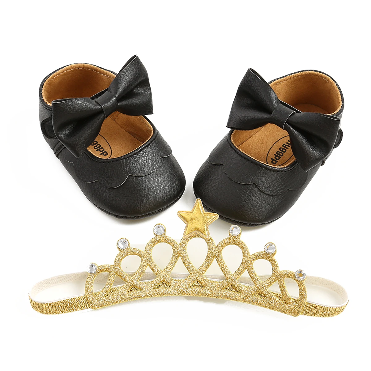 Toddler Kids Baby Leather Shoes and Headband Set Cute Bowknot Flats Soft Sole Shoes and Crown Hairband for Infant Girls 2PCS Set