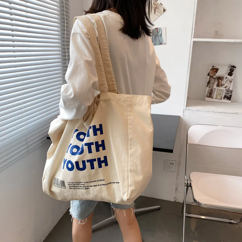 Women\'s Canvas Handbag Simple Designer Shoulder Bag Lazy Style Female Letter Print Large Capacity Shopper Canvas Tote Bag 2022