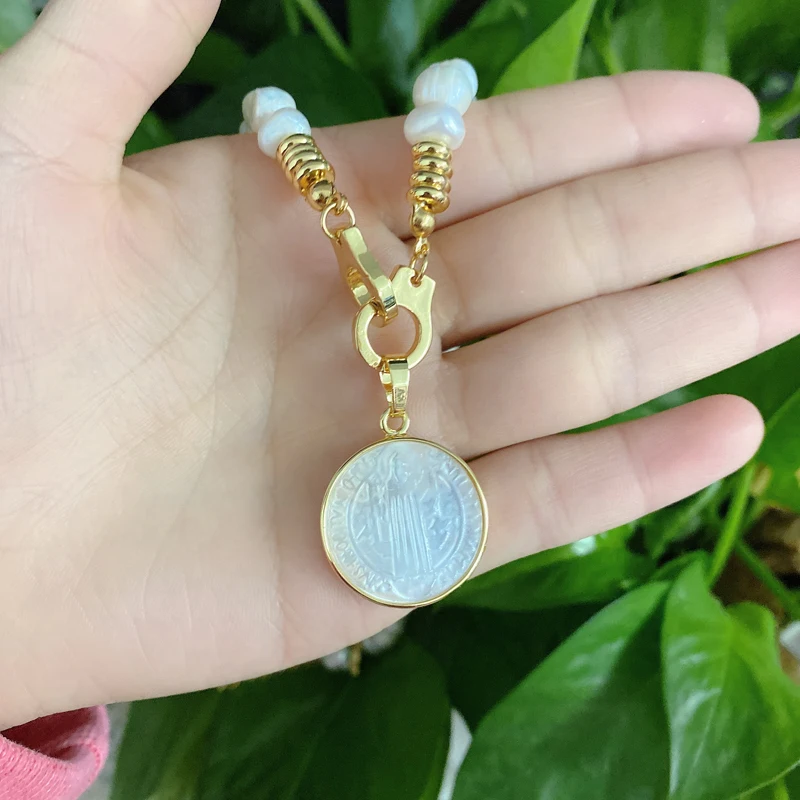 Religious Jewelry Guadalupe Miracle San Benito Shell Pendant Freshwater Pearls Necklace
