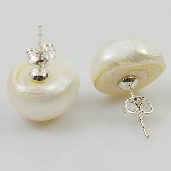 

Real Baroque Pearl Stud Earrings S925 Sterling Silvers White Freshwater Pearl 15-16mm Big Pearl Earrings Charming Women Gift