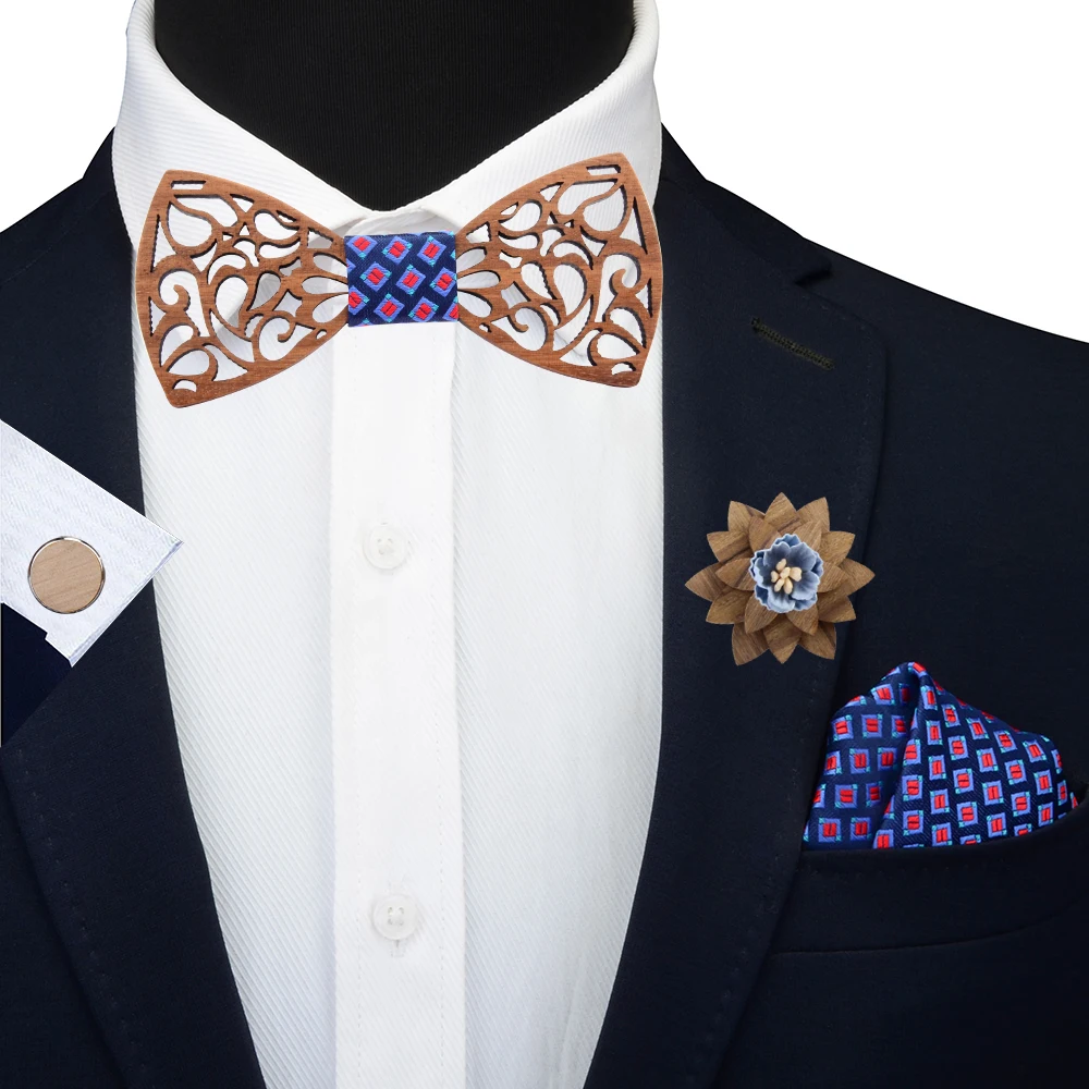 New Adjustable Hollow Carved Cut Out Floral Design Wooden Bow Tie Pocket Square Cufflink Brooch For Men Wedding Bowtie Wood Box