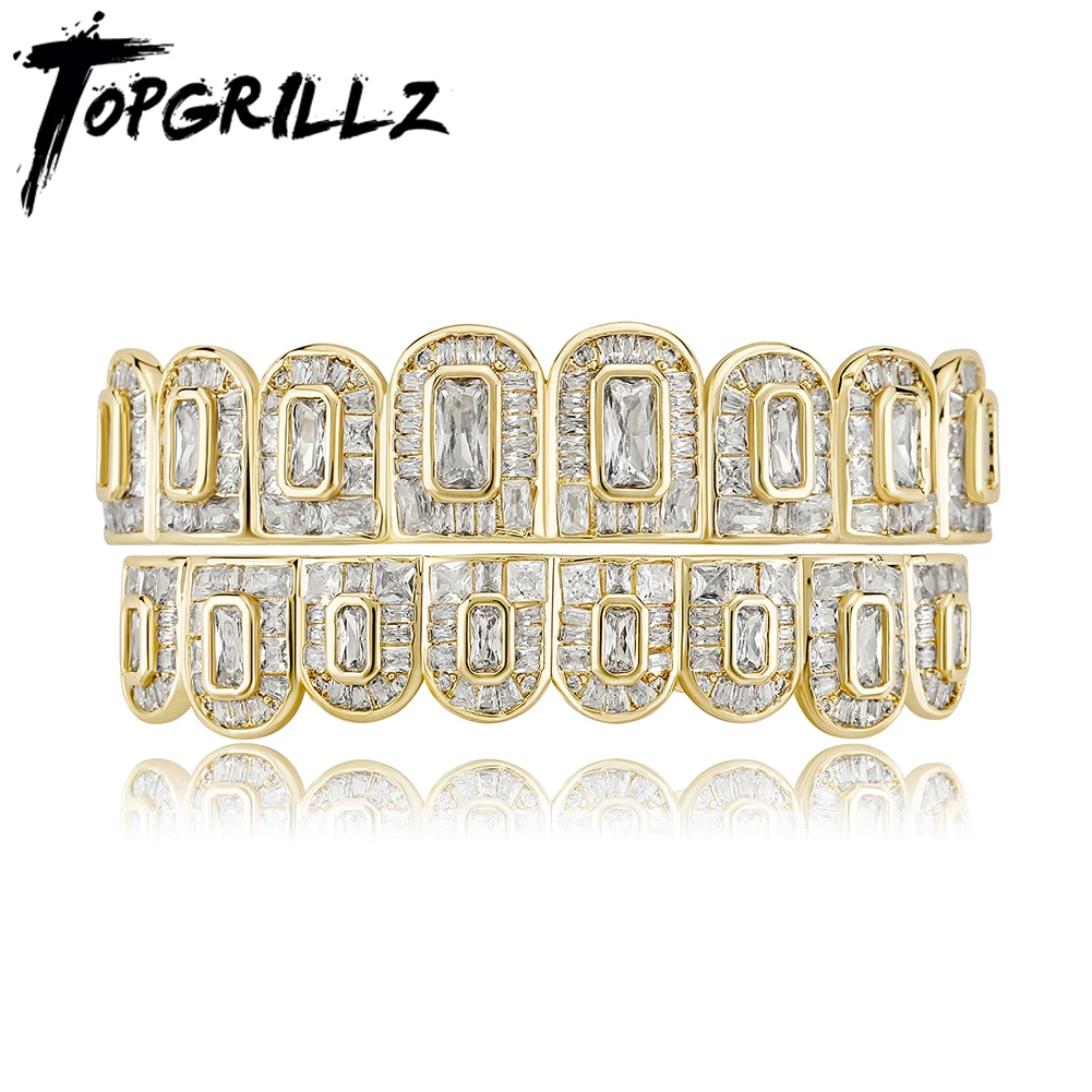 

TOPGRILLZ 2023 New Baguette Set Teeth Grillz Full Iced Micro Pave Cubic Zirconia 14K White Gold Hip Hop Jewelry For Men Women