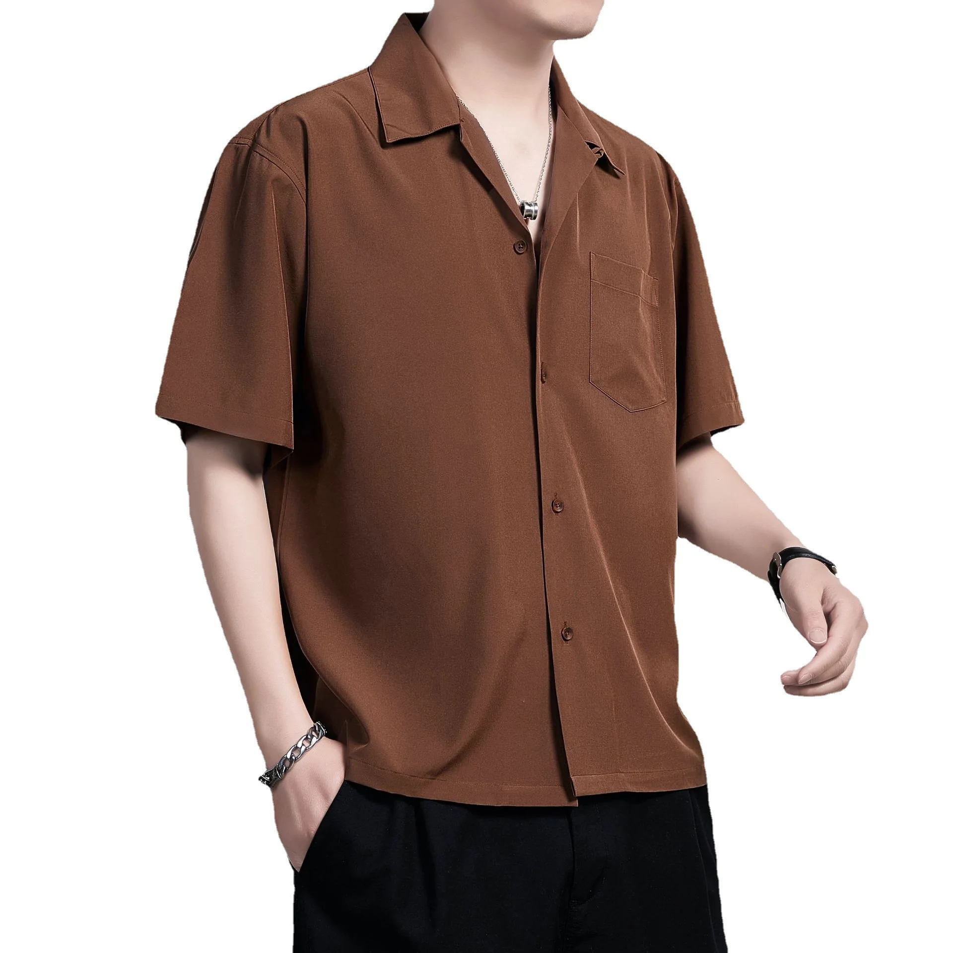 Short Sleeve Cuban Collar Casual Shirt Summer Solid Color Harujuku Shirts for Men Korean Clothes Camisas Para Hombre White Black