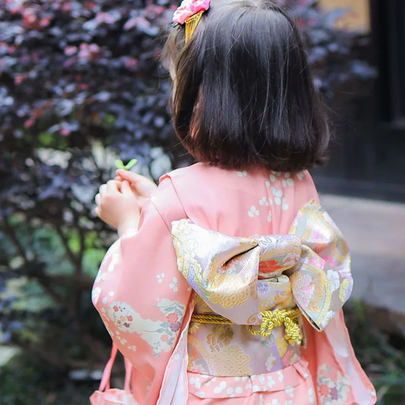 Quimono japonês de manga comprida infantil, conjunto tradicional de Yukata, trajes infantis cor de rosa, recém-chegada, LC056