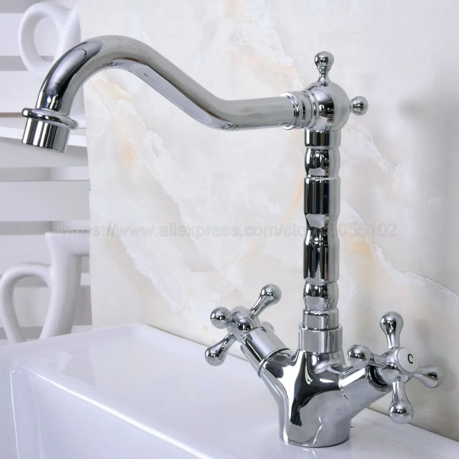 

Basin Faucets Polished Chrome Double Cross Handle Bathroom Sink Faucet Swivel Spout Bathbasin Vanity Mixer Taps znf919