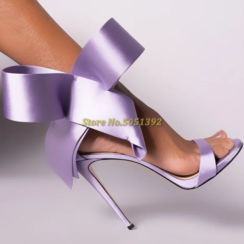 Stylish Pink Thin High Heel Sandals Open Toe Patent Leather Butterfly Knot Runway Sandals Satin Purple Blue Dress Women Sandals