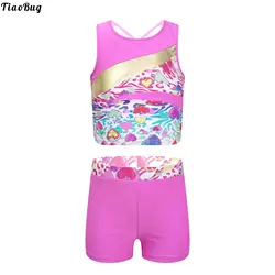 Summer 2Pcs Kids Girls Tankini Set cinghie girocollo incrociate sul retro stampa top e pantaloncini Set spiaggia nuoto costume da bagno piscina