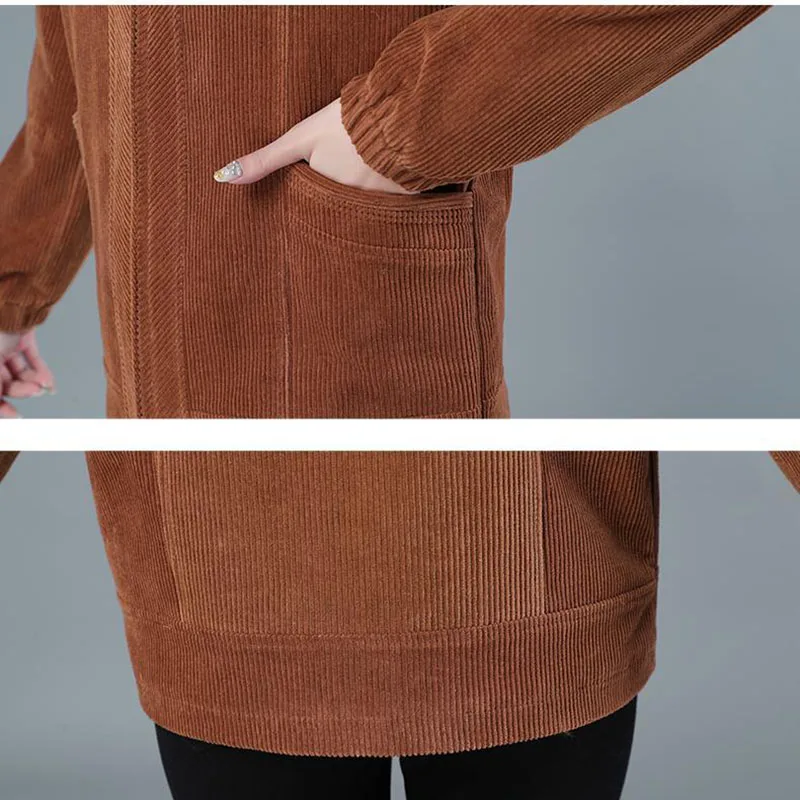 Women Corduroy Jacket Spring Autumn Plus Size Stand Collar Coat Middle-aged Mother Casual Short Windbreaker Female Tops 3XL