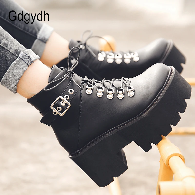 Gdgydh Autumn Winter Chunky Heel Platform Boots Lace-up Black Gothic Boots Women Plush Inside Comfortable Sexy Buckle Footwear