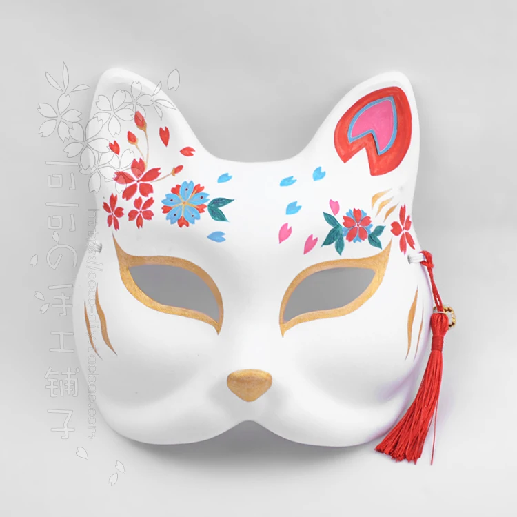 Hand Painted Japanese Style Cosplay Animal Fox Cat Masks Red Blue Cherry Blossom Dance Mask