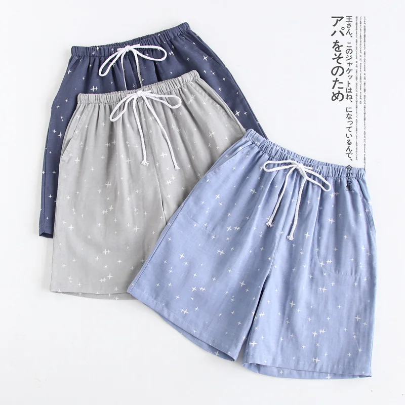 Summer Men and Women Pyjama Bottoms Couple Small Stars Print Cotton Double Layer Gauze Elastic Waist Sleep Shorts Lounge Pants