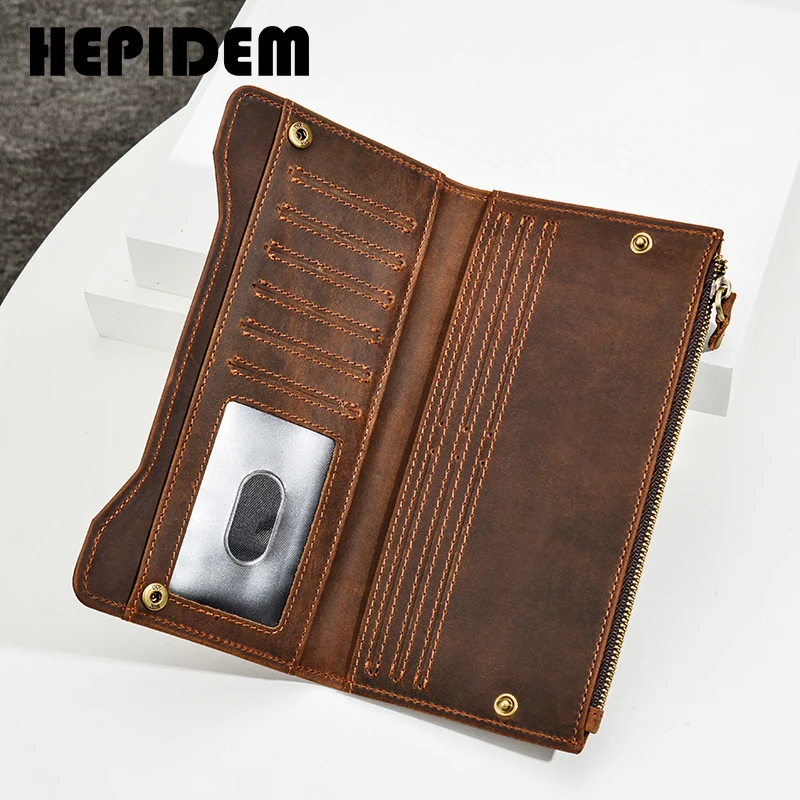 HEPIDEM RFID High Quality Crazy Horse Genuine Leather Slim Long Wallet 2020 New Pocket Money Dollar Bill Purse for Men 8168