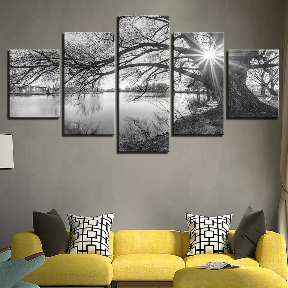 

Canvas Pictures for Living Room Wall Art Poster Framework Lake, Big Trees, Painting Black and White Landscape, Home Decor, 5 PCs