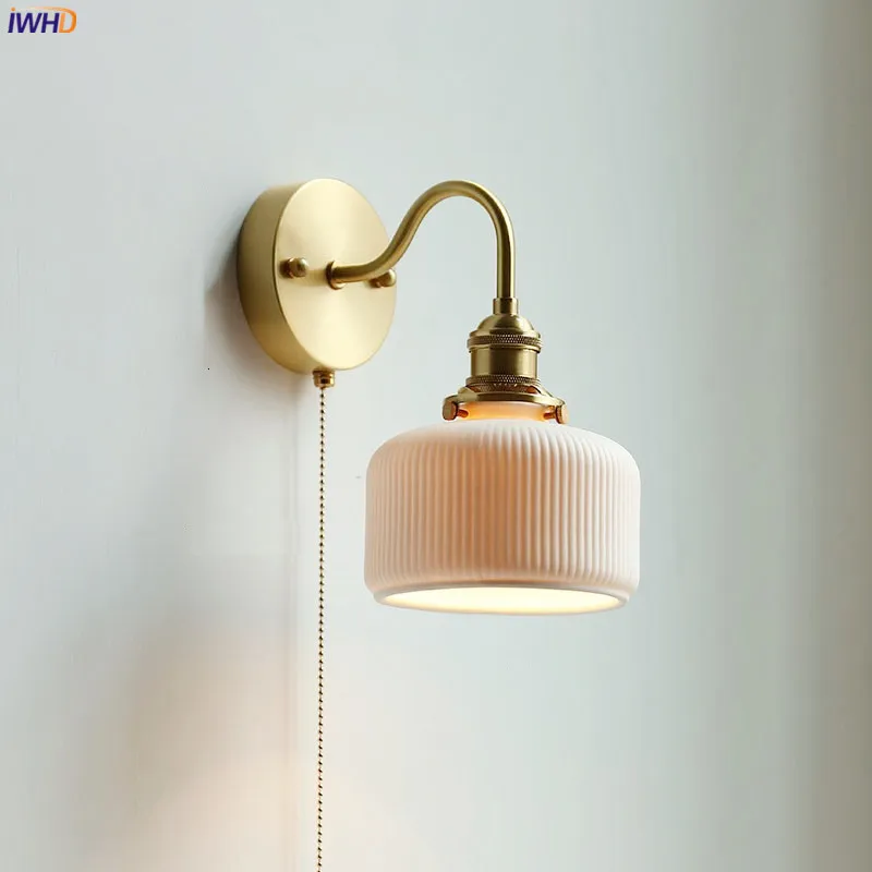 

IWHD Ceramic Nordic Modern Wall Lamp Beside Pull China Switch Bathroom Mirror Stair Light Copper LED Wall Sconce Luminaria