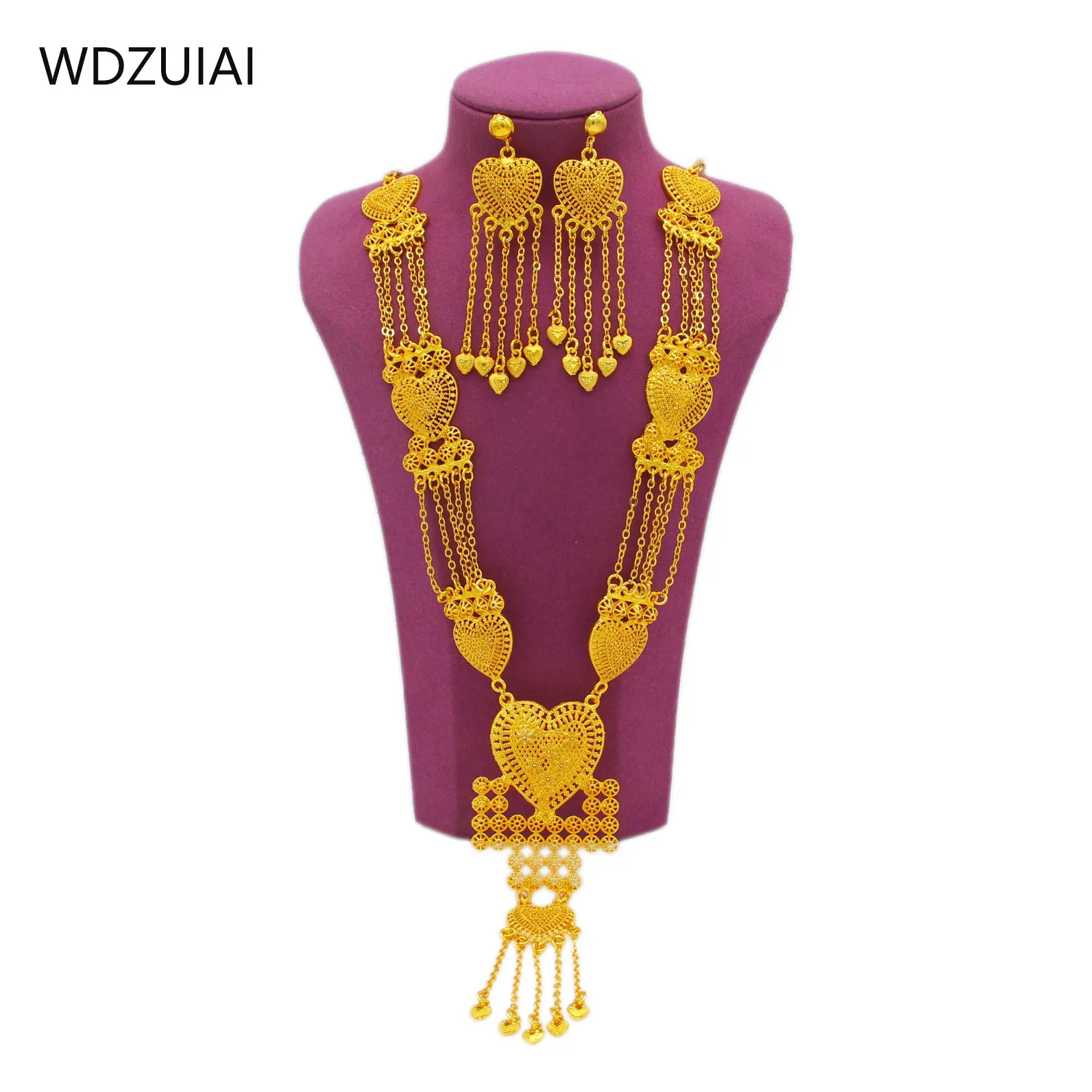 

WDZUIAI 24K Gold Color Tassles Necklace&Earring Set African Arab French Women Bridal Wedding Charm Jewelry Wife Mom Best Gifts