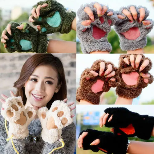 Winter Women Cute Cat Claw Paw Plush Mittens Short Fingerless Gloves Half Finger Warm Plush Antifreeze gloves