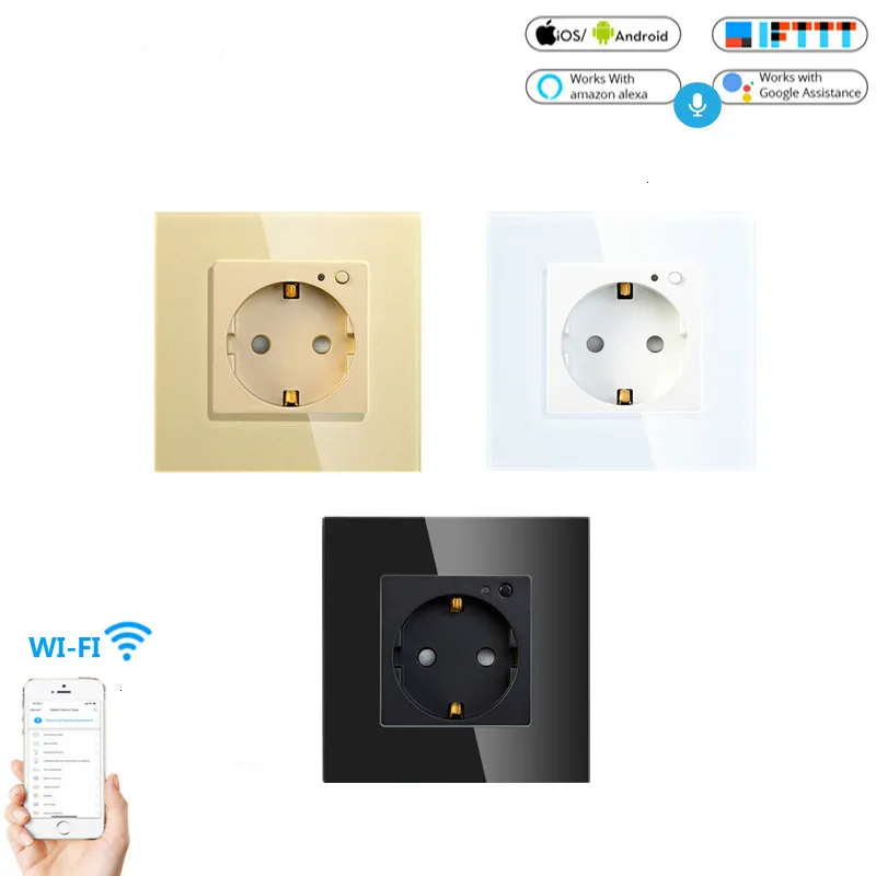 EU German WiFi Smart Wall Socket 16A Outlet Glass Panel Smart Life/Tuya Remote Control Works with Amazon Echo Alexa Google Home