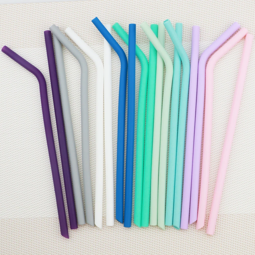 Reusable Silicone Straw Set Food Foldable Silicone Drinking Straw Travel Collapsible Metal Straight Drinking Straw Pouch Bags